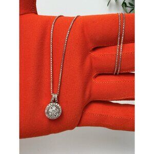 SUN 925 Sterling Silver Diamond Floral Drop Dangle Circle Pendant Necklace